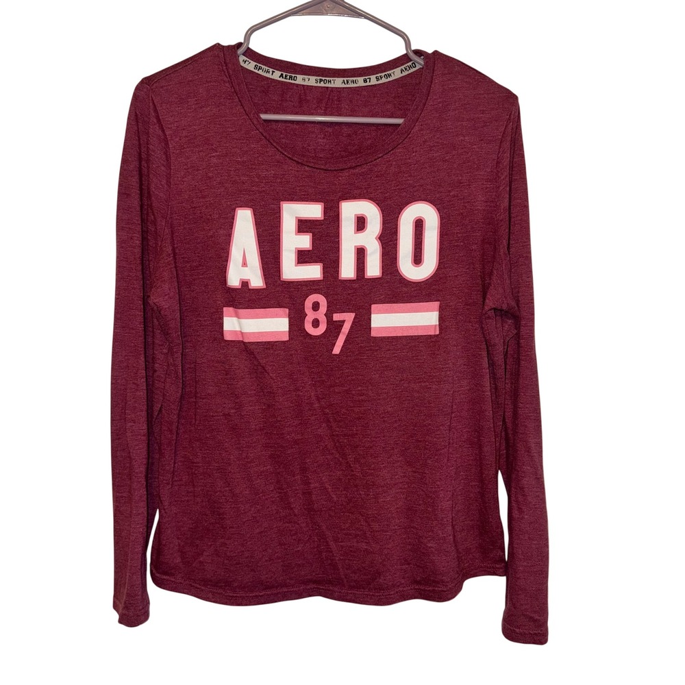 Aeropostale Sport Womens Long Sleeve Graphic Tee Burgundy Aero 87 Heathered S